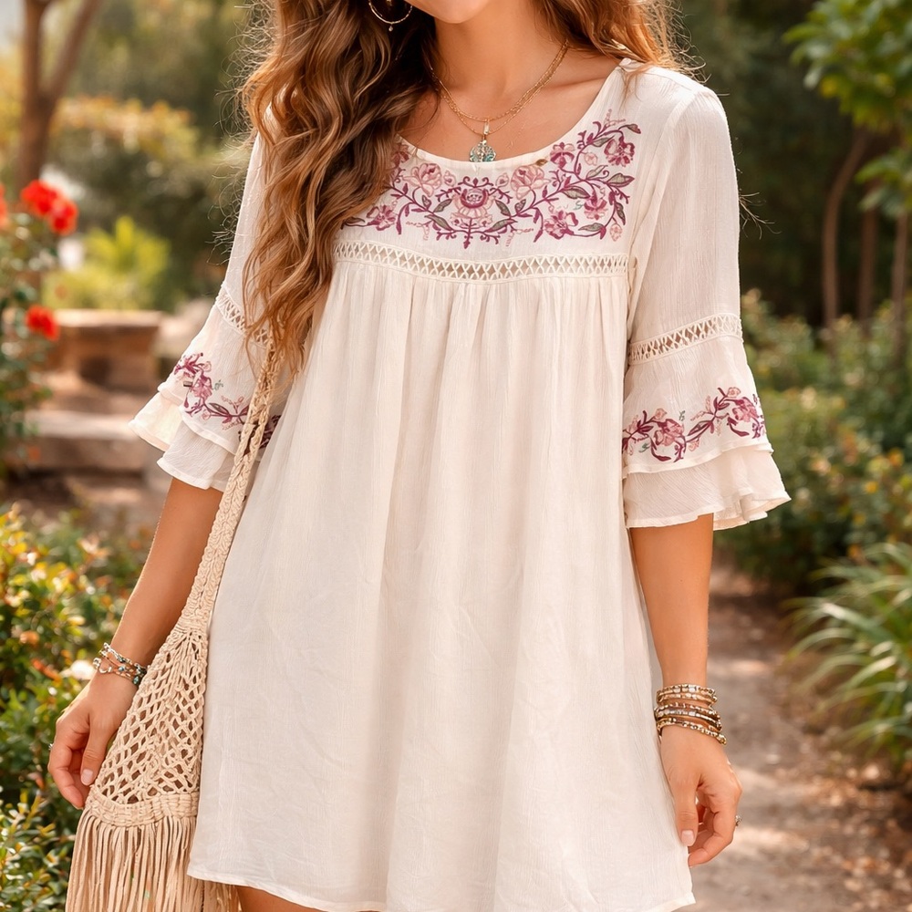 Ciminy Paris Boho Embroidered Bell Sleeve Mini Babydoll Dress Tunic Cream EUC S